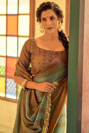 Fancy Fabric Party Wear Sea Green Color Pleasance Saree With Embroidered Blouse