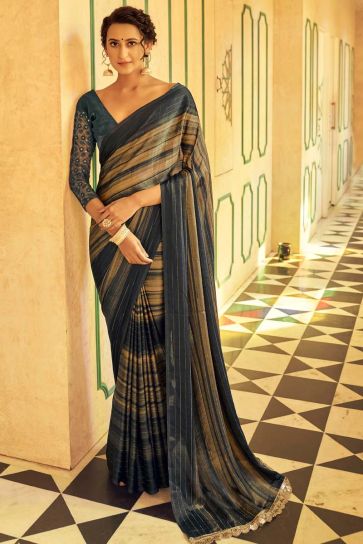 Fancy Fabric Party Wear Bewitching Saree In Black Color With Embroidered Blouse