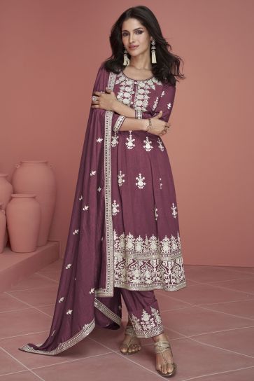 Embroidered Wine Color Party Wear Readymade Designer Suit In Art Silk Fabric