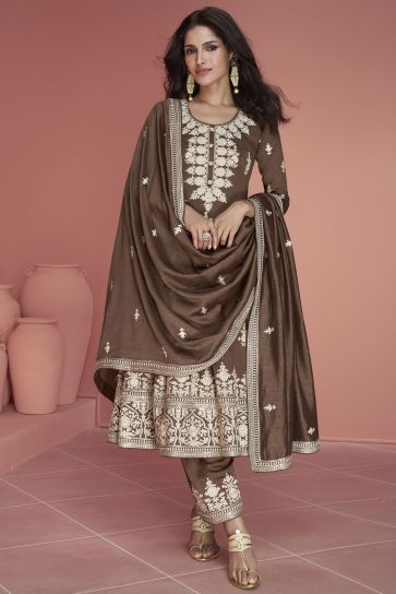 Art Silk Fabric Party Wear Embroidered Readymade Designer Salwar Kameez In Brown Color