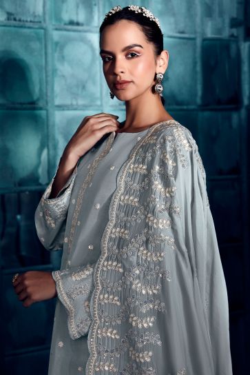 Art Silk Fabric Party Style Beatific Embroidered Salwar Suit In Grey Color