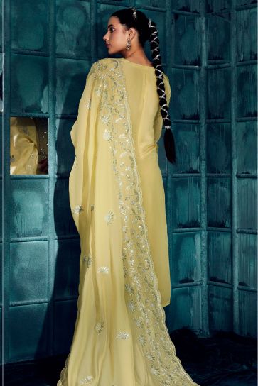 Party Style Yellow Color Inventive Embroidered Salwar Suit In Art Silk Fabric