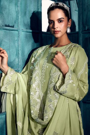 Art Silk Fabric Sea Green Color Party Style Elegant Embroidered Salwar Suit