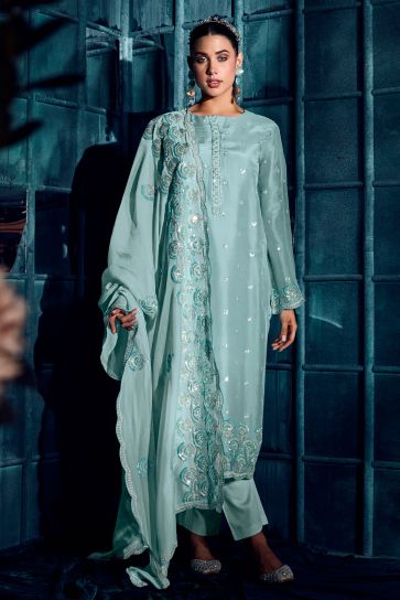 Light Cyan Color Art Silk Fabric Party Style Classic Embroidered Salwar Suit