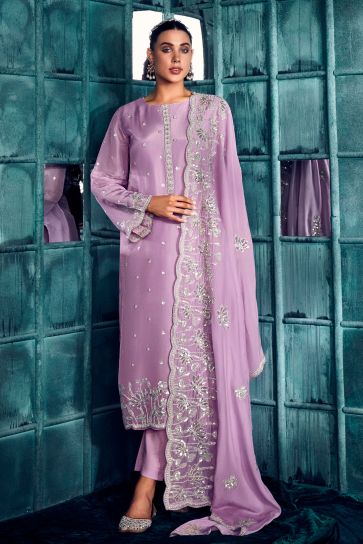 Lavender Color Art Silk Fabric Party Style Awesome Embroidered Salwar Suit