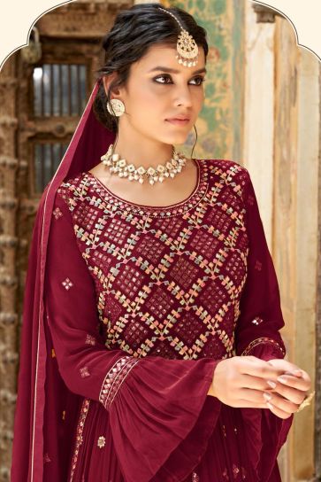Embroidered Georgette Sharara Top Lehenga in Maroon Color