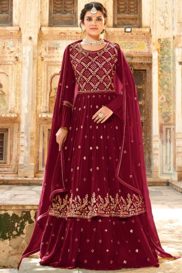 Embroidered Georgette Sharara Top Lehenga in Maroon Color