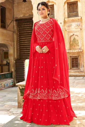 Embroidered Georgette Red Color Sharara Top Lehenga