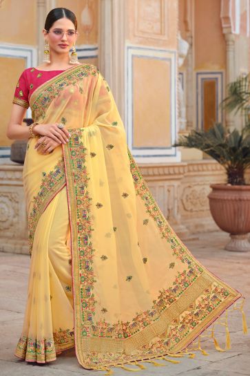 Cream Color Excellent Art Silk Saree With Embroidered Work