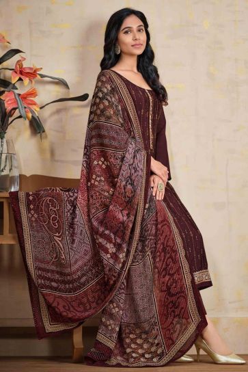 Patterned Stone Work On Maroon Color Chinon Fabric Party Wear Salwar Suit
