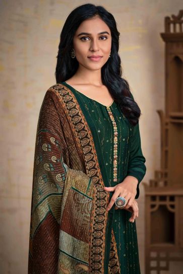 Majestic Stone Work On Chinon Fabric Dark Green Color Party Wear Salwar Suit