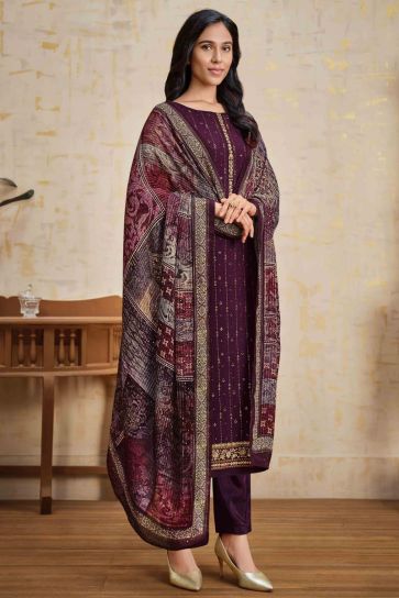 Sparkling Stone Work On Purple Color Party Wear Salwar Suit In Chinon Fabric