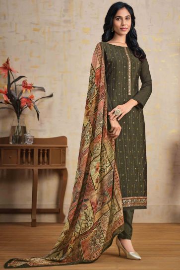Party Wear Mehendi Green Color Subline Stone Work Salwar Suit In Chinon Fabric