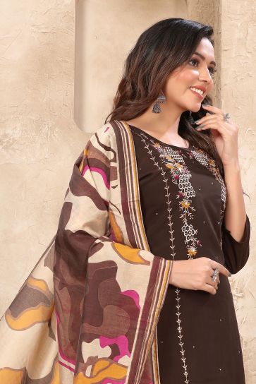 Radiant Brown Color Festive Wear Readymade Art Silk Salwar Suit