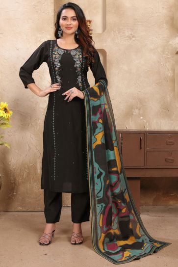 Blazing Black Color Festive Wear Readymade Art Silk Salwar Suit