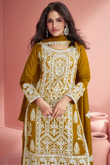 Vartika Singh Excellent Georgette Fabric Mustard Color Festive Look Palazzo Suit