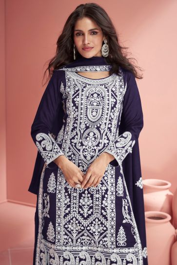 Vartika Singh Navy Blue Color Georgette Fabric Elegant Festive Look Palazzo Suit