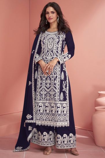 Vartika Singh Navy Blue Color Georgette Fabric Elegant Festive Look Palazzo Suit