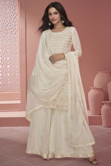 Vartika Singh Alluring Georgette Fabric White Color Readymade Palazzo Suit
