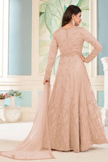 Peach Color Embroidered Anarkali Suit In Net Fabric