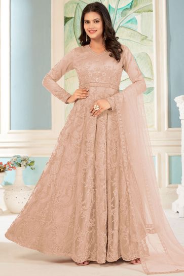 Peach Color Embroidered Anarkali Suit In Net Fabric