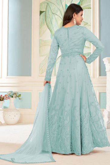 Embroidered Net Fabric Anarkali Suit In Cyan Color