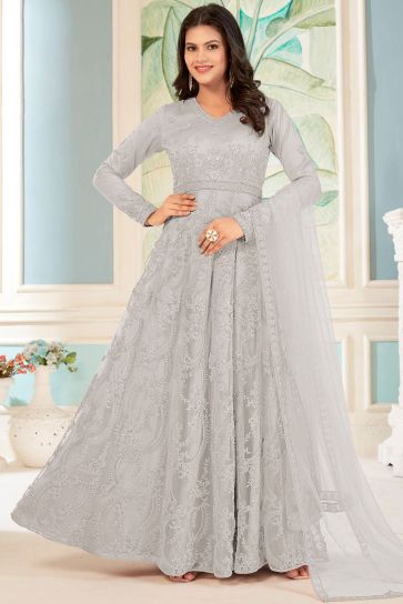 Grey Color Embroidered Anarkali Salwar Suit In Net Fabric
