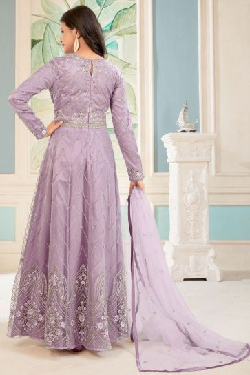 Embroidered Lavender Color Long Anarkali Salwar Kameez In Net Fabric