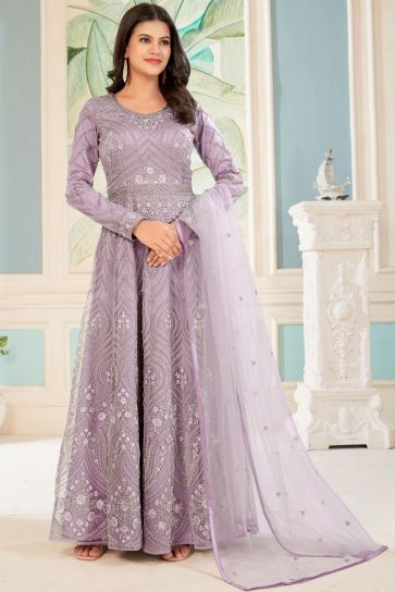 Embroidered Lavender Color Long Anarkali Salwar Kameez In Net Fabric