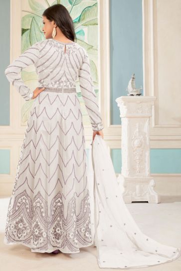 White Color Embroidered Long Anarkali Suit In Net Fabric