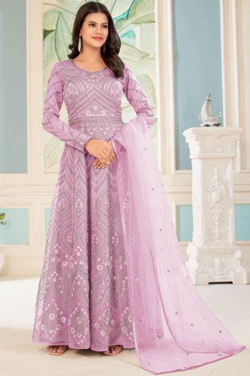 Embroidered Net Fabric Long Anarkali Suit In Pink Color