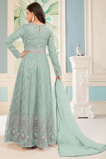 Light Cyan Color Embroidered Long Anarkali Salwar Suit In Net Fabric