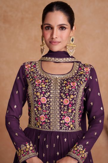 Georgette Fabric Purple Color Festive Wear Embroidered Readymade Designer Long Anarkali Salwar Kameez