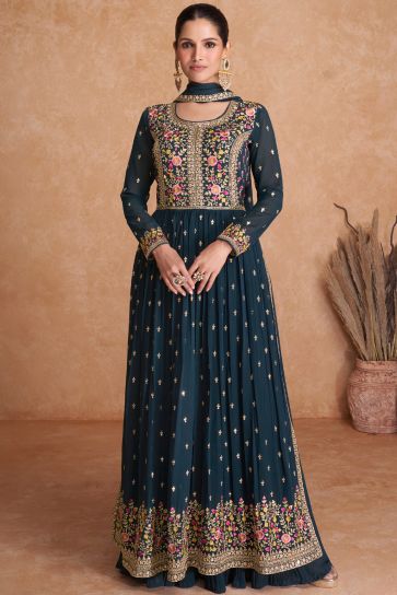 Navy Blue Color Party Wear Embroidered Readymade Designer Long Anarkali Salwar Suit In Georgette Fabric