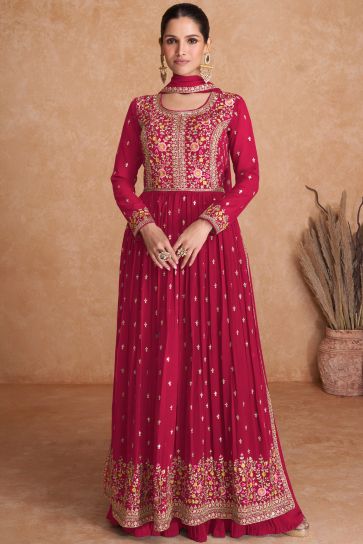Sangeet Wear Embroidered Readymade Designer Long Anarkali Salwar Kameez In Georgette Fabric Rani Color
