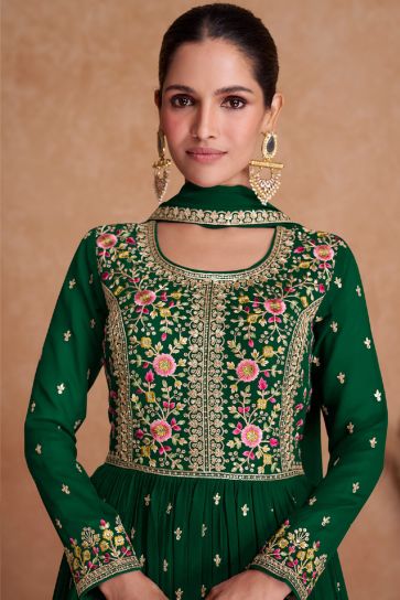 Embroidered Drak Green Color Wedding Wear Readymade Designer Long Anarkali Salwar Suit In Georgette Fabric