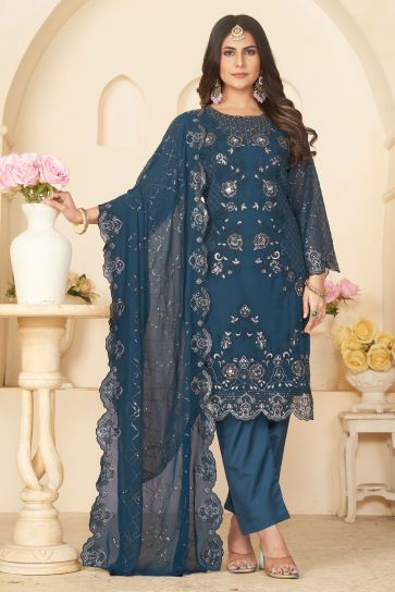 Georgette Fabric Teal Color Supreme Festive Wear Salwar Suit