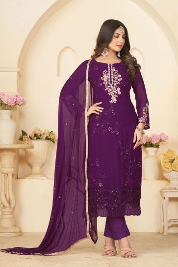 Purple Partywear Floral Sequins Embroidery Georgette Palazzo Suit