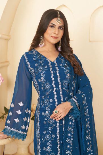 Excellent Georgette Fabric Blue Color Festive Wear Salwar Suit