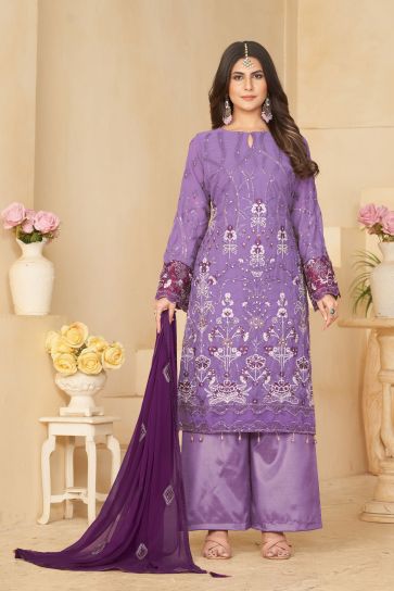 Lavender Color Georgette Fabric Elegant Festive Wear Salwar Suit
