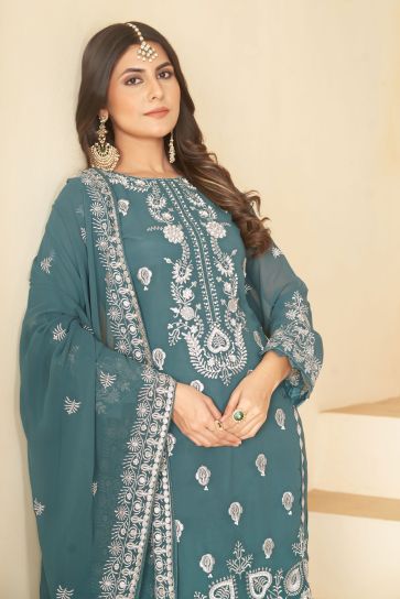 Teal Color Georgette Fabric Tempting Festive Wear Salwar Suit