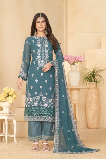 Teal Color Georgette Fabric Tempting Festive Wear Salwar Suit