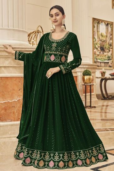 Glittering Function Style Dark Green Color Anarkali Suit In Georgette Fabric