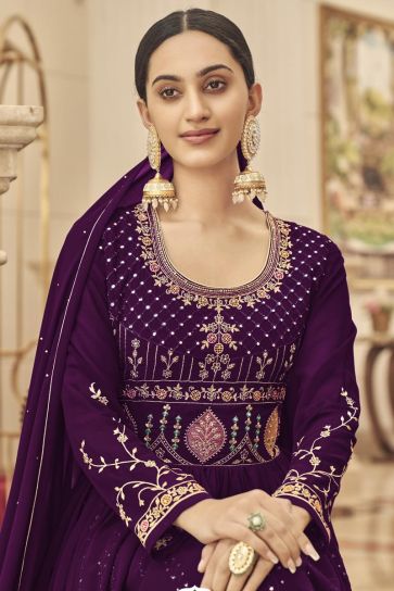 Trendy Function Wear Georgette Fabric Anarkali Suit In Purple Color
