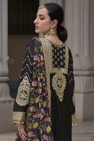 Black Color Chinon Fabric Elegant Readymade Palazzo Suit