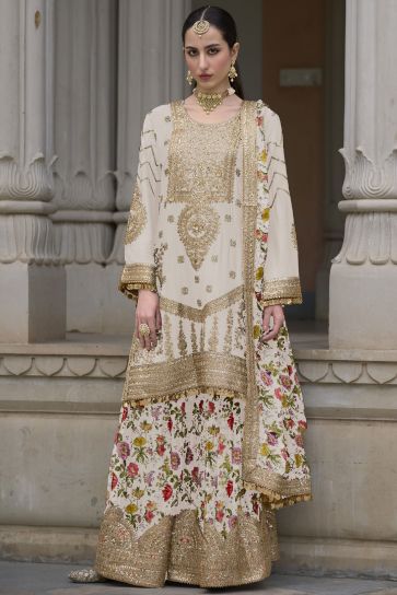 Embroidered Cream Crop Top N Beige Palazzo Suit Party Wear
