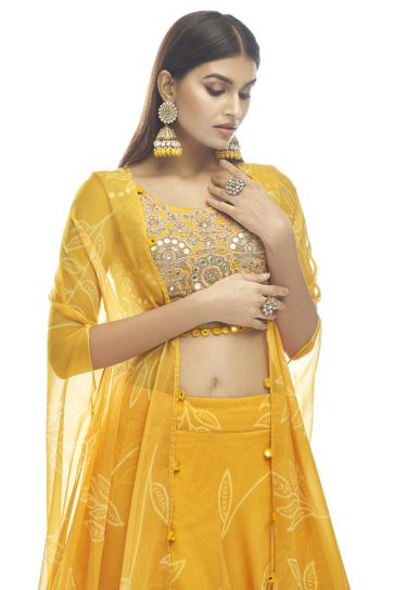 Magnificent Printed Work On Yellow Color Lehenga In Organza Fabric