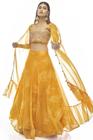 Magnificent Printed Work On Yellow Color Lehenga In Organza Fabric