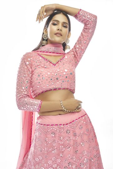 Fashionable Embroidered Work On Georgette Fabric Lehenga In Pink Color