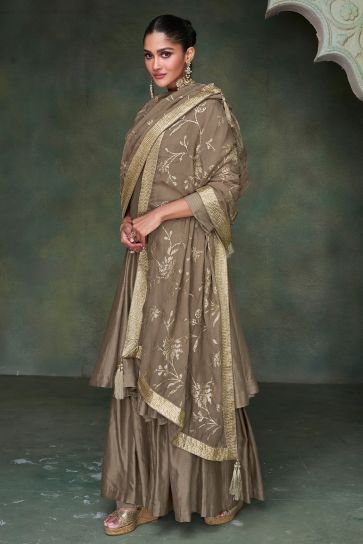 Silk Fabric Brown Embroidered Readymade Palazzo Suit